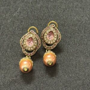 Heidi Daus Pink Crystal & Peach Pearl Drop Earrings